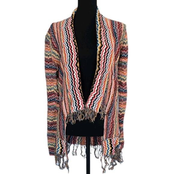 Boho Hippie Fringed Knit Open Cardigan Reverse Print Sweater BKE Gimmicks Sz S - Picture 1 of 13